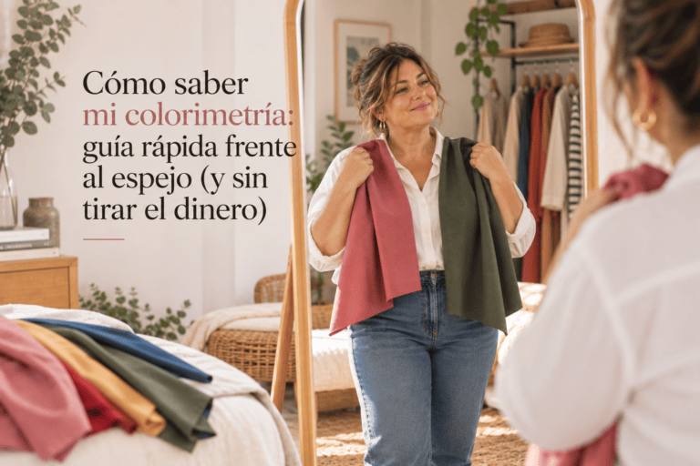 Mujer frente a un espejo de cuerpo entero comparando telas de diferentes colores para descubrir cuáles le favorecen mediante la colorimetría personal.