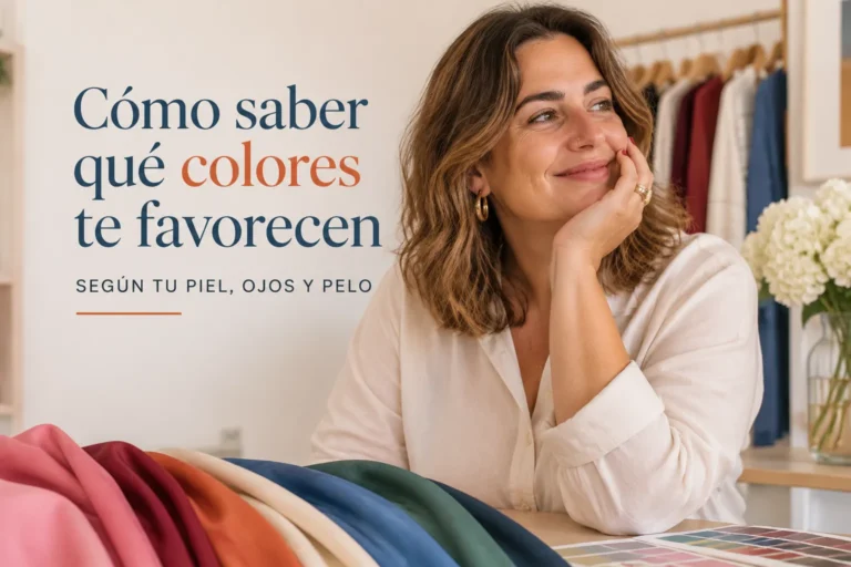 Mujer descubriendo qué colores le favorecen según su piel, ojos y pelo mediante colorimetría personal
